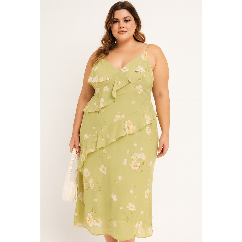 Blu Pepper Womens Cascading Ruffle Dress XL Green Maxi Floral Cottage Romantic
